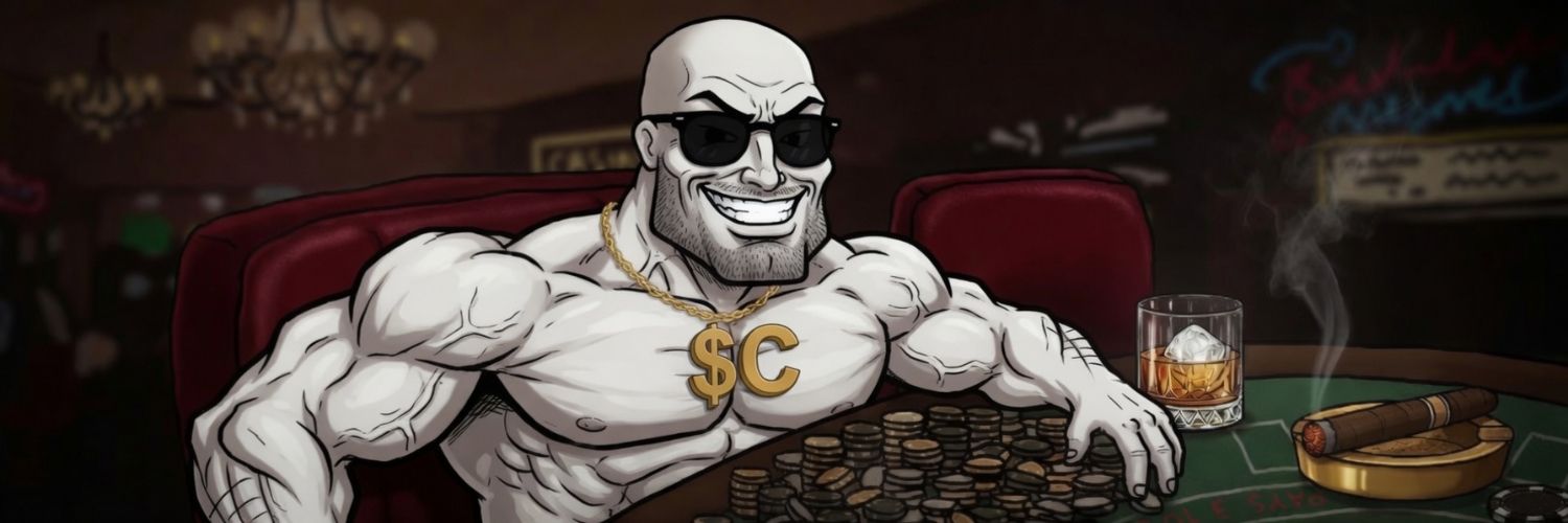 A chad at the poker table backed by his crew, neon $C sign glowing behind